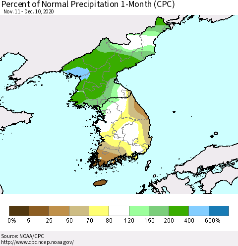 Korea Percent of Normal Precipitation 1-Month (CPC) Thematic Map For 11/11/2020 - 12/10/2020