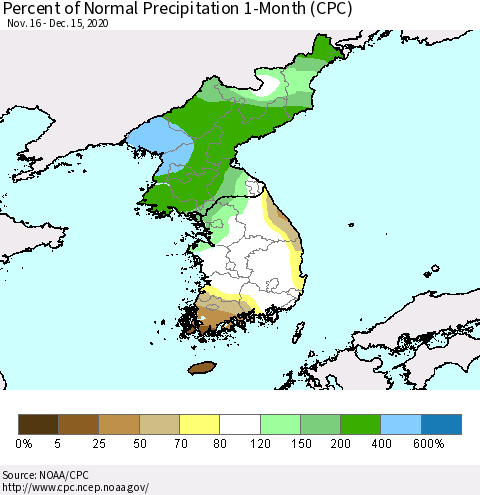 Korea Percent of Normal Precipitation 1-Month (CPC) Thematic Map For 11/16/2020 - 12/15/2020