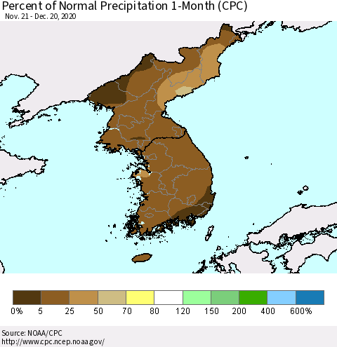Korea Percent of Normal Precipitation 1-Month (CPC) Thematic Map For 11/21/2020 - 12/20/2020