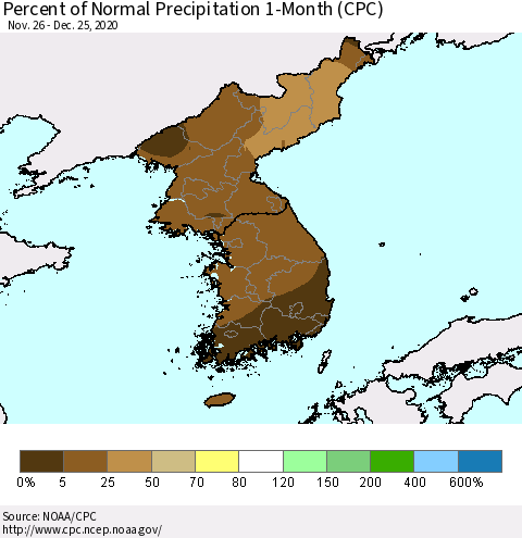 Korea Percent of Normal Precipitation 1-Month (CPC) Thematic Map For 11/26/2020 - 12/25/2020