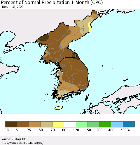 Korea Percent of Normal Precipitation 1-Month (CPC) Thematic Map For 12/1/2020 - 12/31/2020
