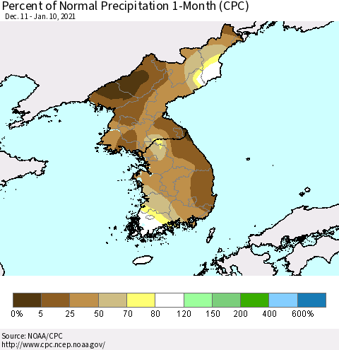 Korea Percent of Normal Precipitation 1-Month (CPC) Thematic Map For 12/11/2020 - 1/10/2021