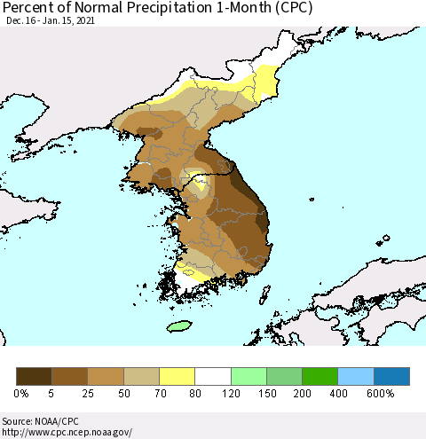 Korea Percent of Normal Precipitation 1-Month (CPC) Thematic Map For 12/16/2020 - 1/15/2021