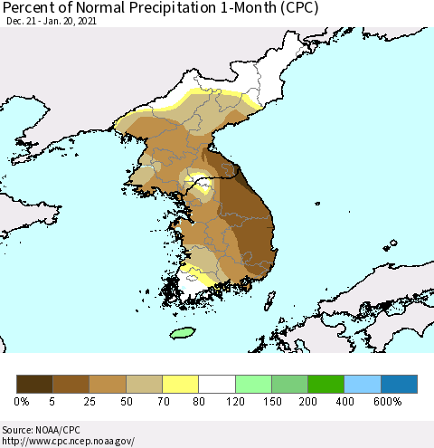 Korea Percent of Normal Precipitation 1-Month (CPC) Thematic Map For 12/21/2020 - 1/20/2021