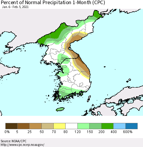 Korea Percent of Normal Precipitation 1-Month (CPC) Thematic Map For 1/6/2021 - 2/5/2021