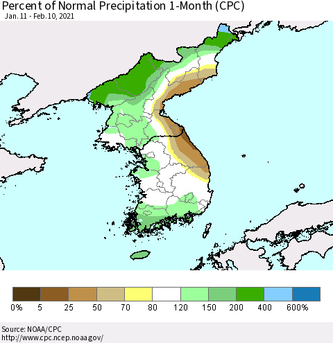 Korea Percent of Normal Precipitation 1-Month (CPC) Thematic Map For 1/11/2021 - 2/10/2021