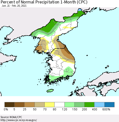 Korea Percent of Normal Precipitation 1-Month (CPC) Thematic Map For 1/21/2021 - 2/20/2021