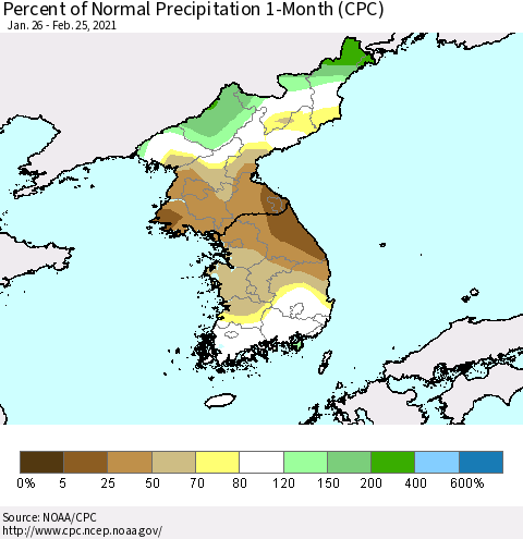 Korea Percent of Normal Precipitation 1-Month (CPC) Thematic Map For 1/26/2021 - 2/25/2021