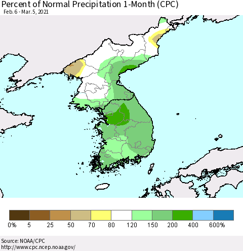 Korea Percent of Normal Precipitation 1-Month (CPC) Thematic Map For 2/6/2021 - 3/5/2021