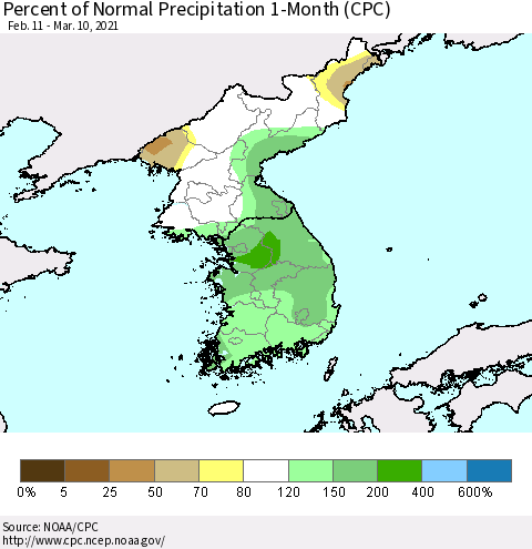 Korea Percent of Normal Precipitation 1-Month (CPC) Thematic Map For 2/11/2021 - 3/10/2021