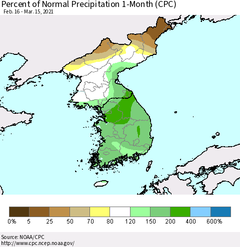 Korea Percent of Normal Precipitation 1-Month (CPC) Thematic Map For 2/16/2021 - 3/15/2021