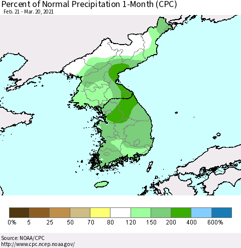 Korea Percent of Normal Precipitation 1-Month (CPC) Thematic Map For 2/21/2021 - 3/20/2021
