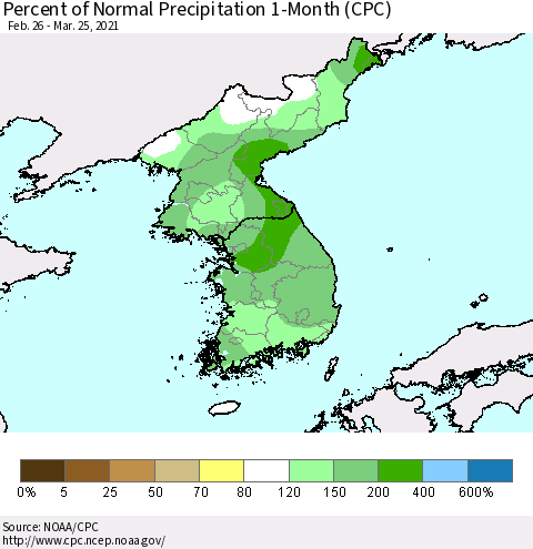 Korea Percent of Normal Precipitation 1-Month (CPC) Thematic Map For 2/26/2021 - 3/25/2021