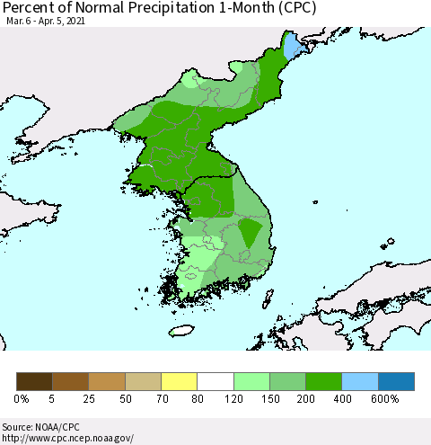 Korea Percent of Normal Precipitation 1-Month (CPC) Thematic Map For 3/6/2021 - 4/5/2021