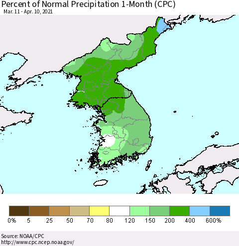 Korea Percent of Normal Precipitation 1-Month (CPC) Thematic Map For 3/11/2021 - 4/10/2021