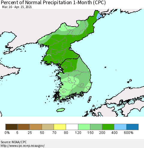 Korea Percent of Normal Precipitation 1-Month (CPC) Thematic Map For 3/16/2021 - 4/15/2021