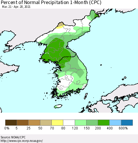 Korea Percent of Normal Precipitation 1-Month (CPC) Thematic Map For 3/21/2021 - 4/20/2021