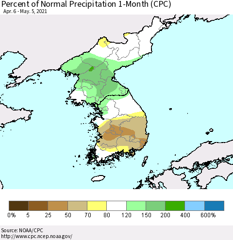 Korea Percent of Normal Precipitation 1-Month (CPC) Thematic Map For 4/6/2021 - 5/5/2021