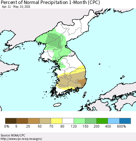 Korea Percent of Normal Precipitation 1-Month (CPC) Thematic Map For 4/11/2021 - 5/10/2021