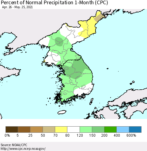 Korea Percent of Normal Precipitation 1-Month (CPC) Thematic Map For 4/26/2021 - 5/25/2021