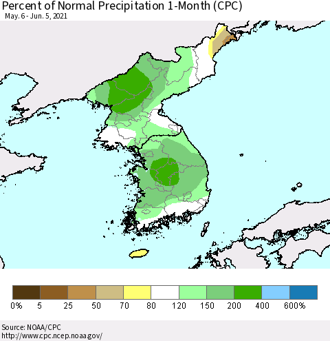 Korea Percent of Normal Precipitation 1-Month (CPC) Thematic Map For 5/6/2021 - 6/5/2021