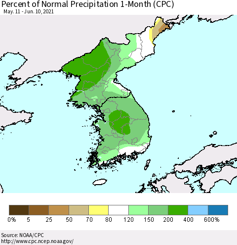 Korea Percent of Normal Precipitation 1-Month (CPC) Thematic Map For 5/11/2021 - 6/10/2021