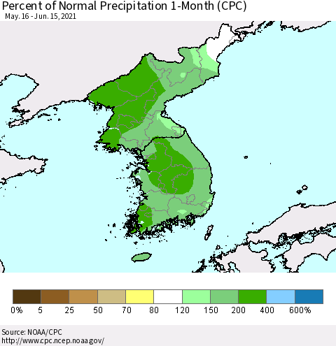 Korea Percent of Normal Precipitation 1-Month (CPC) Thematic Map For 5/16/2021 - 6/15/2021