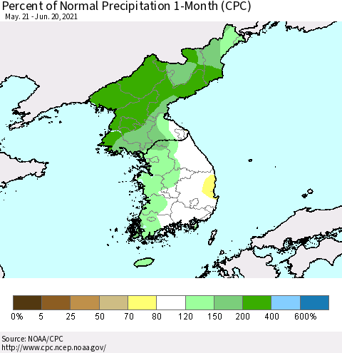 Korea Percent of Normal Precipitation 1-Month (CPC) Thematic Map For 5/21/2021 - 6/20/2021