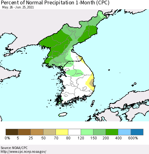 Korea Percent of Normal Precipitation 1-Month (CPC) Thematic Map For 5/26/2021 - 6/25/2021