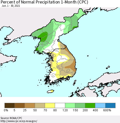 Korea Percent of Normal Precipitation 1-Month (CPC) Thematic Map For 6/1/2021 - 6/30/2021