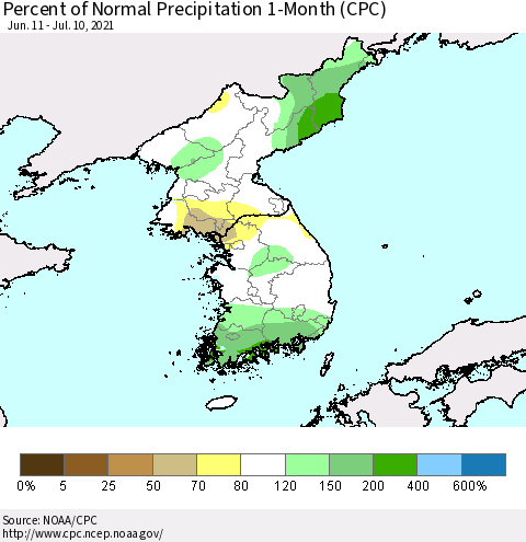 Korea Percent of Normal Precipitation 1-Month (CPC) Thematic Map For 6/11/2021 - 7/10/2021