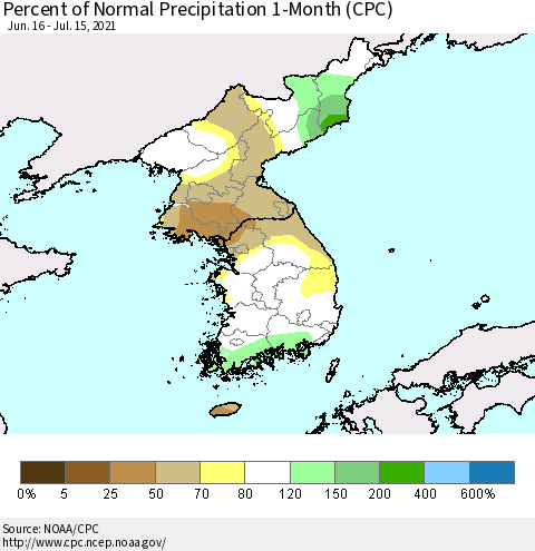 Korea Percent of Normal Precipitation 1-Month (CPC) Thematic Map For 6/16/2021 - 7/15/2021