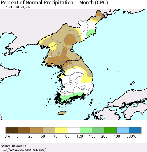 Korea Percent of Normal Precipitation 1-Month (CPC) Thematic Map For 6/21/2021 - 7/20/2021