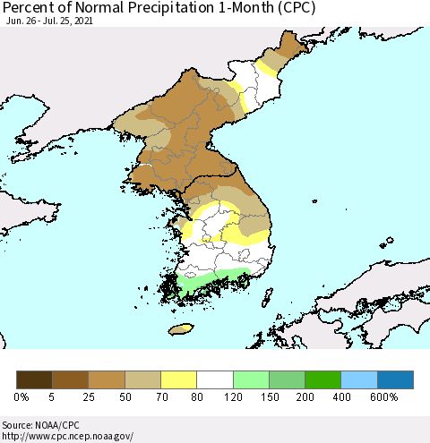 Korea Percent of Normal Precipitation 1-Month (CPC) Thematic Map For 6/26/2021 - 7/25/2021