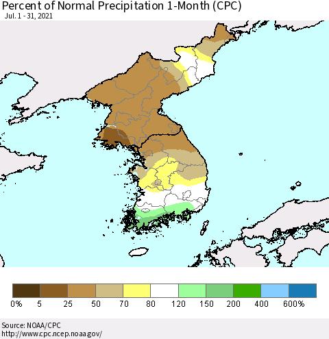 Korea Percent of Normal Precipitation 1-Month (CPC) Thematic Map For 7/1/2021 - 7/31/2021
