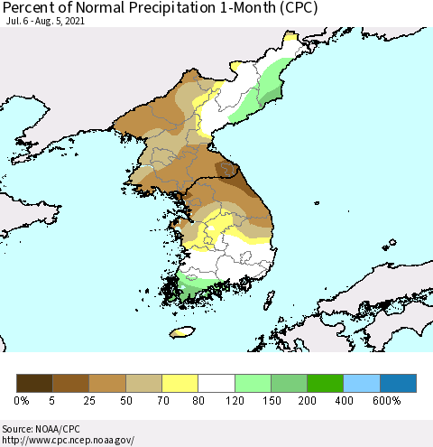 Korea Percent of Normal Precipitation 1-Month (CPC) Thematic Map For 7/6/2021 - 8/5/2021