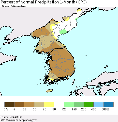 Korea Percent of Normal Precipitation 1-Month (CPC) Thematic Map For 7/11/2021 - 8/10/2021