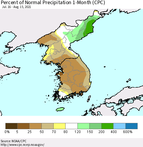 Korea Percent of Normal Precipitation 1-Month (CPC) Thematic Map For 7/16/2021 - 8/15/2021