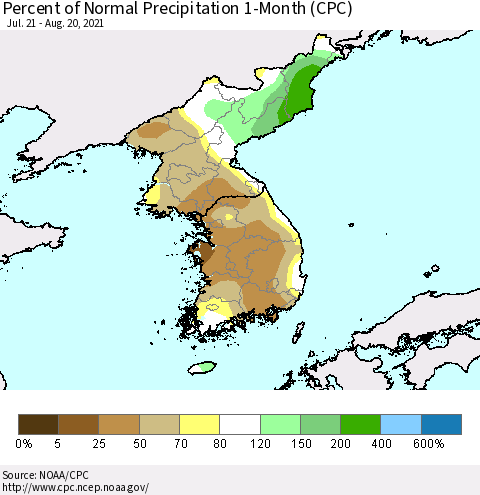 Korea Percent of Normal Precipitation 1-Month (CPC) Thematic Map For 7/21/2021 - 8/20/2021