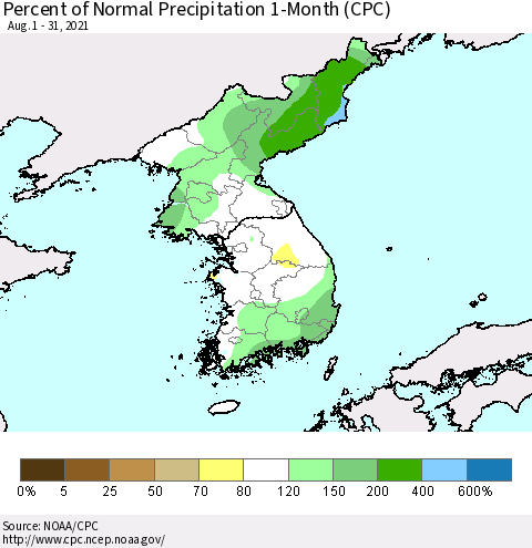 Korea Percent of Normal Precipitation 1-Month (CPC) Thematic Map For 8/1/2021 - 8/31/2021