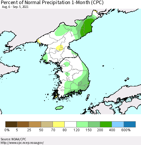 Korea Percent of Normal Precipitation 1-Month (CPC) Thematic Map For 8/6/2021 - 9/5/2021