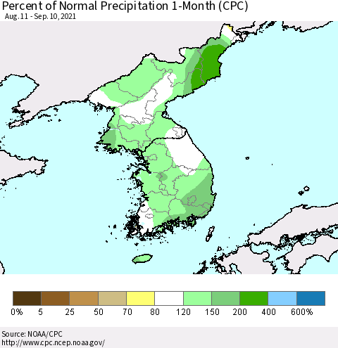 Korea Percent of Normal Precipitation 1-Month (CPC) Thematic Map For 8/11/2021 - 9/10/2021