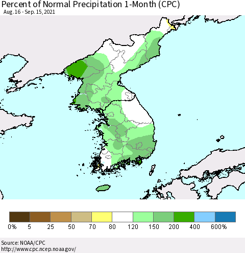 Korea Percent of Normal Precipitation 1-Month (CPC) Thematic Map For 8/16/2021 - 9/15/2021
