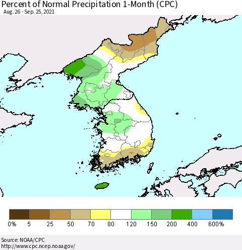 Korea Percent of Normal Precipitation 1-Month (CPC) Thematic Map For 8/26/2021 - 9/25/2021
