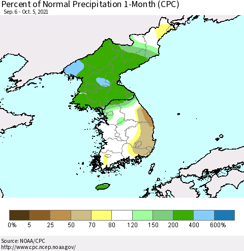 Korea Percent of Normal Precipitation 1-Month (CPC) Thematic Map For 9/6/2021 - 10/5/2021