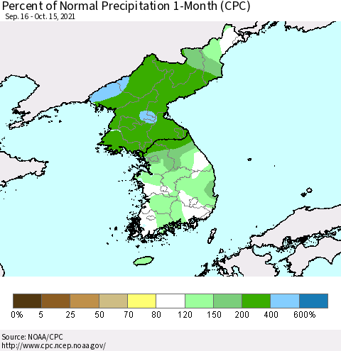 Korea Percent of Normal Precipitation 1-Month (CPC) Thematic Map For 9/16/2021 - 10/15/2021