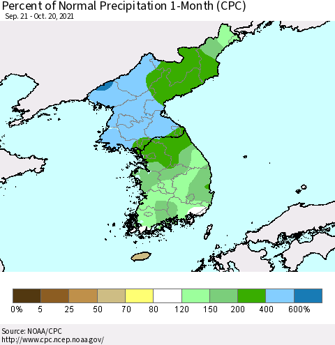 Korea Percent of Normal Precipitation 1-Month (CPC) Thematic Map For 9/21/2021 - 10/20/2021