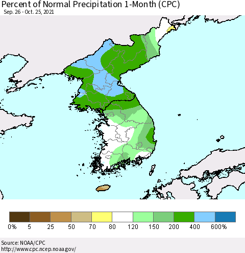 Korea Percent of Normal Precipitation 1-Month (CPC) Thematic Map For 9/26/2021 - 10/25/2021