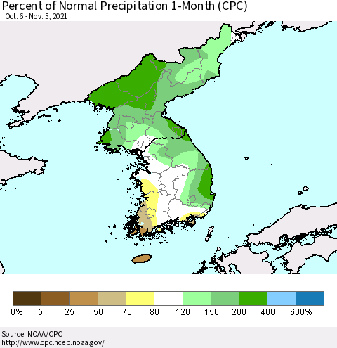 Korea Percent of Normal Precipitation 1-Month (CPC) Thematic Map For 10/6/2021 - 11/5/2021