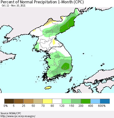 Korea Percent of Normal Precipitation 1-Month (CPC) Thematic Map For 10/11/2021 - 11/10/2021
